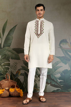 Men's White Embroidered Viscose Rayon Kurta Sets (ACZ7963)
