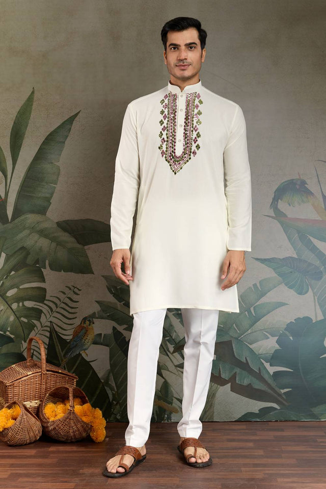 Men's White Embroidered Viscose Rayon Kurta Sets (ACZ7963)