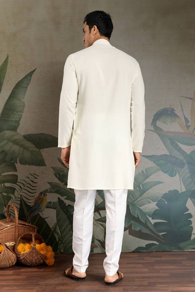 Men's White Embroidered Viscose Rayon Kurta Sets (ACZ7963)