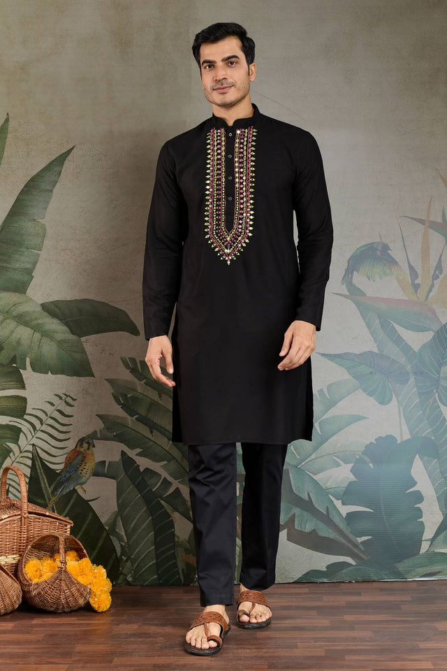 Men's Black Embroidered Viscose Rayon Kurta Sets (ACZ7964)