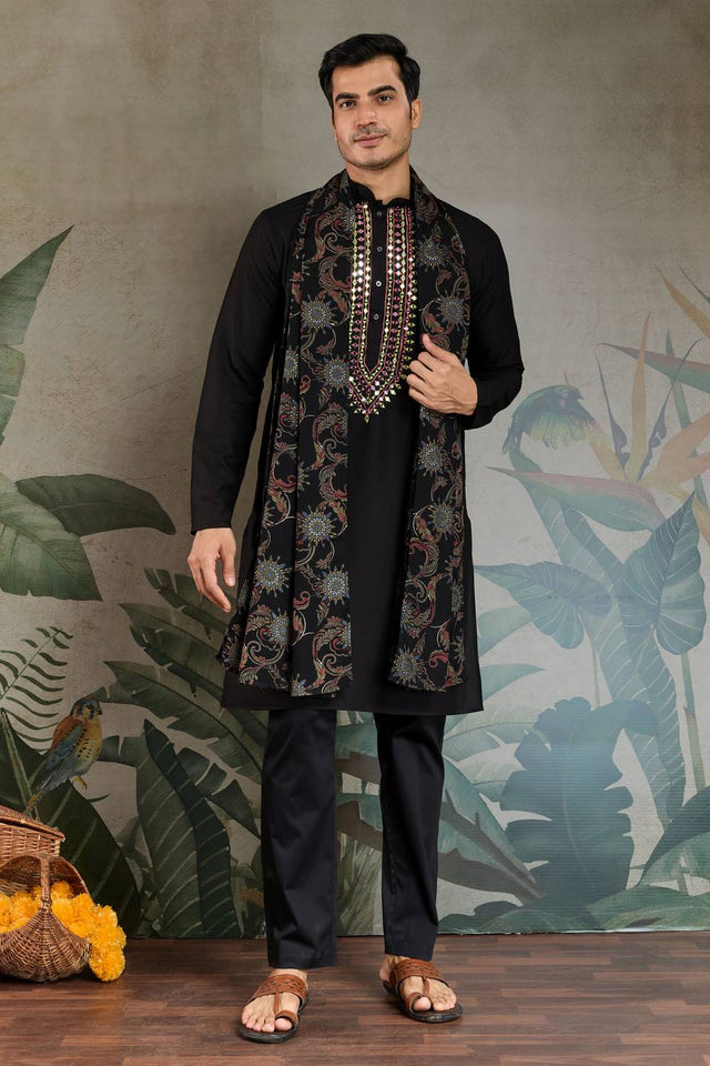 Men's Black Embroidered Viscose Rayon Kurta Sets (ACZ7964)