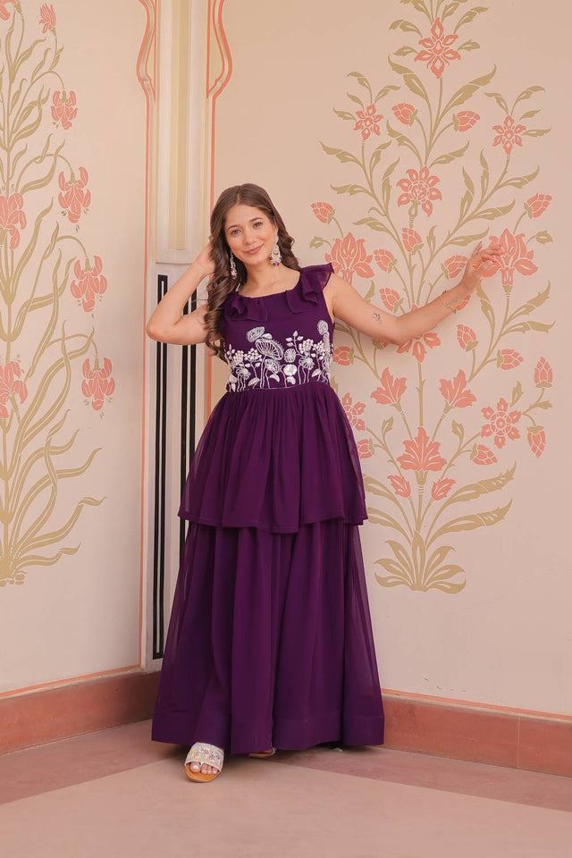 Purple Beads Embellished Faux Georgette Gown (ACZ7973)