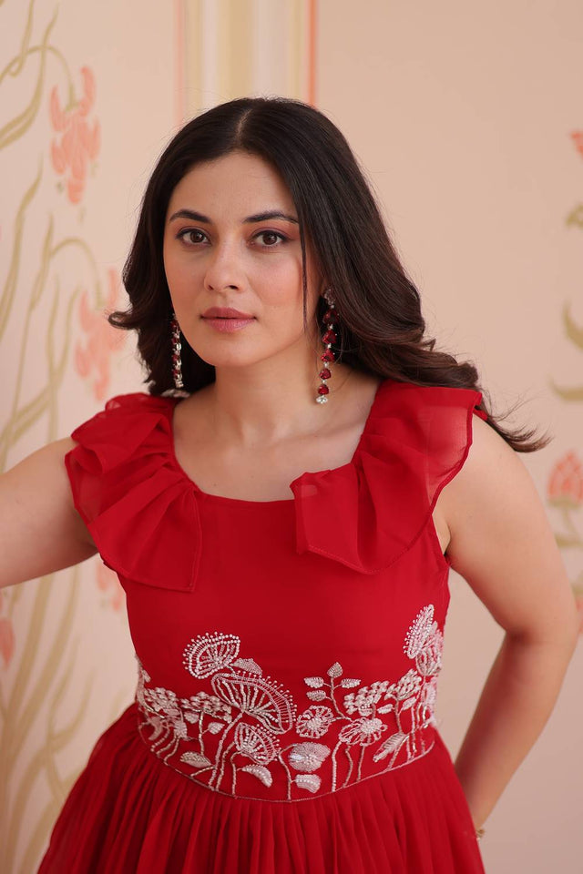 Red Beads Embellished Faux Georgette Gown (ACZ7975)