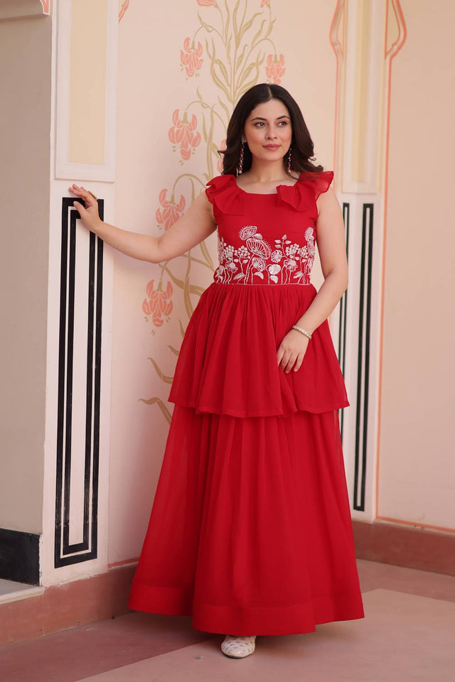 Red Beads Embellished Faux Georgette Gown (ACZ7975)