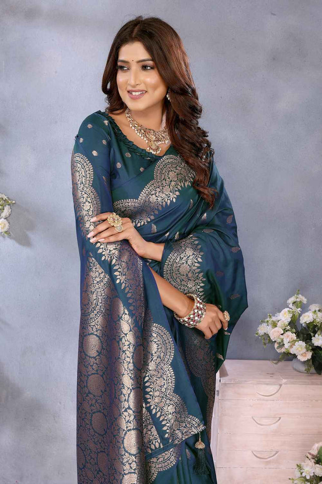 Turquoise Woven Banarasi Silk Saree