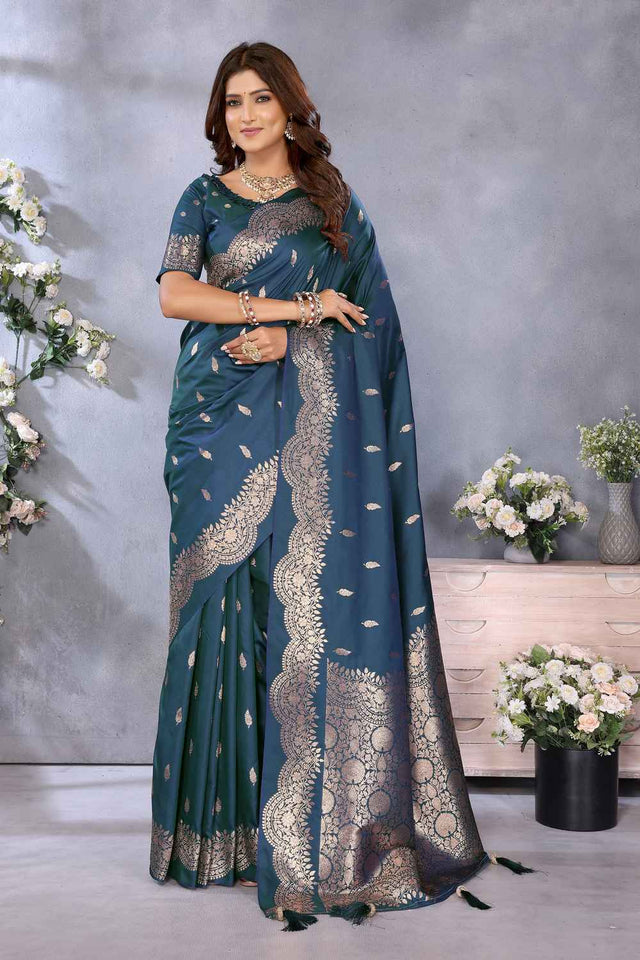 Turquoise Woven Banarasi Silk Saree