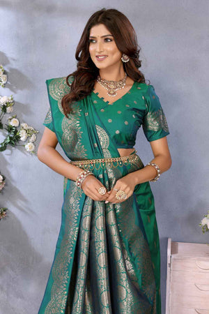 Turquoise Woven Banarasi Silk Saree