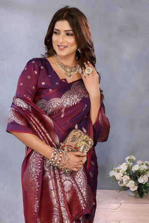 Wine Woven Banarasi Silk Saree