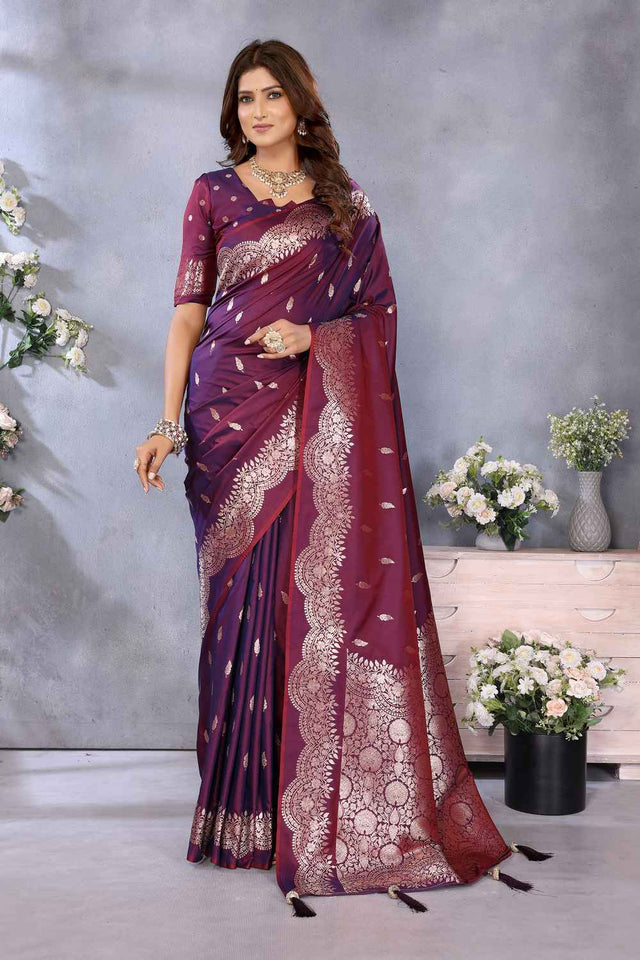 Wine Woven Banarasi Silk Saree