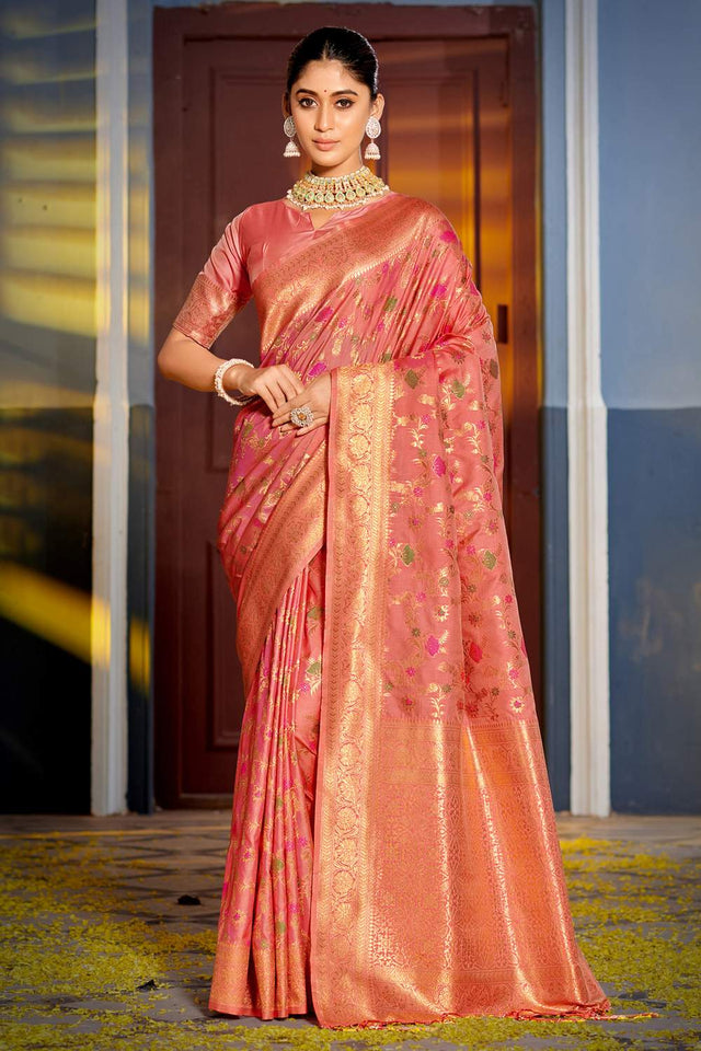 Peach Woven Banarasi Silk Saree
