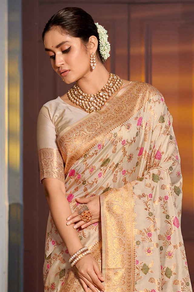 Beige Woven Banarasi Silk Saree