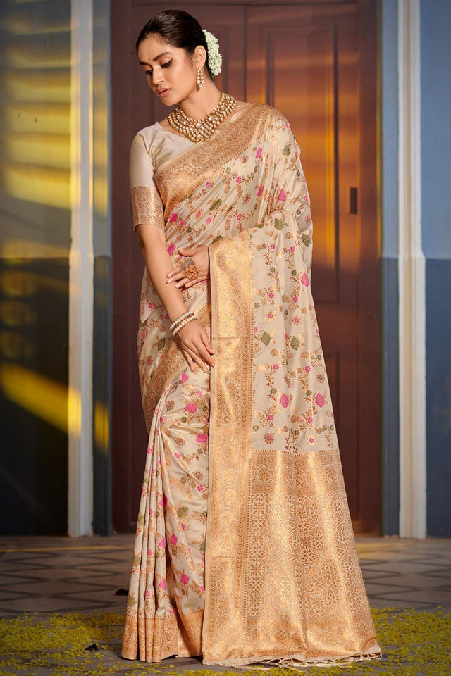 Beige Woven Banarasi Silk Saree