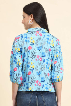 Blue Printed Cotton Blend Tops & Tunics (ACZ8110)