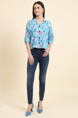 Blue Printed Cotton Blend Tops & Tunics (ACZ8110)