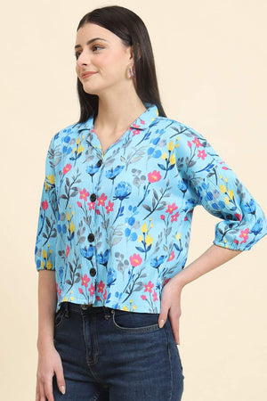 Blue Printed Cotton Blend Tops & Tunics (ACZ8110)
