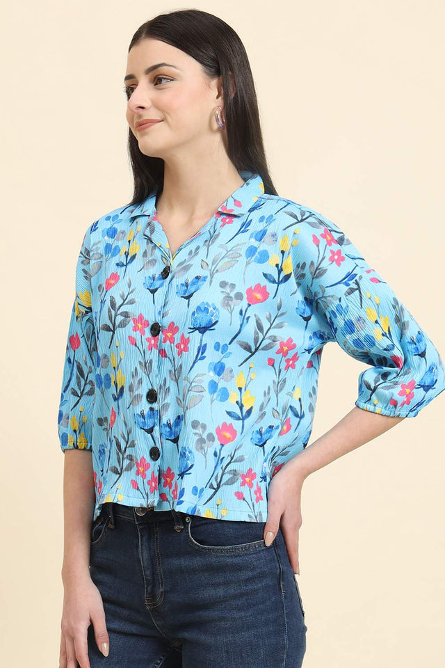Blue Printed Cotton Blend Tops & Tunics (ACZ8110)