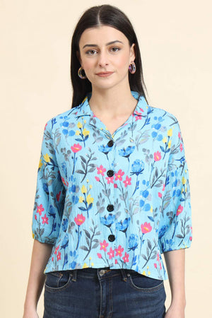 Blue Printed Cotton Blend Tops & Tunics (ACZ8110)