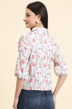 White Printed Cotton Blend Tops & Tunics (ACZ8112)
