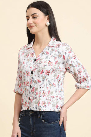 White Printed Cotton Blend Tops & Tunics (ACZ8112)