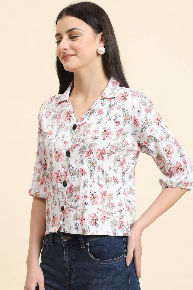 White Printed Cotton Blend Tops & Tunics (ACZ8112)