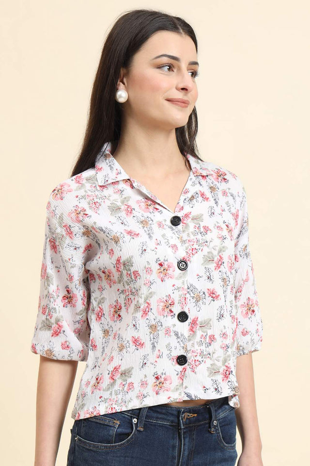 White Printed Cotton Blend Tops & Tunics (ACZ8112)