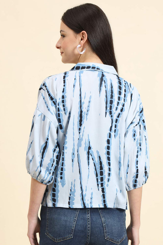 Blue Printed Cotton Blend Tops & Tunics (ACZ8113)