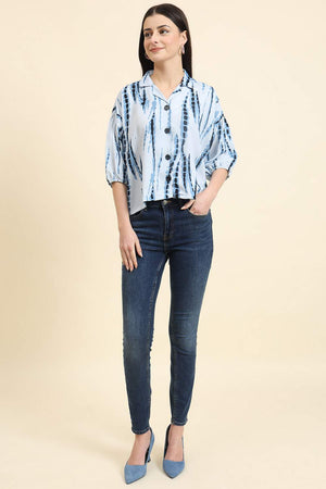 Blue Printed Cotton Blend Tops & Tunics (ACZ8113)