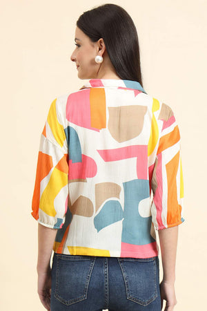 White Printed Cotton Blend Tops & Tunics (ACZ8114)
