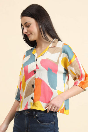 White Printed Cotton Blend Tops & Tunics (ACZ8114)