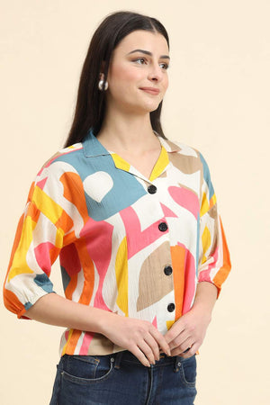 White Printed Cotton Blend Tops & Tunics (ACZ8114)