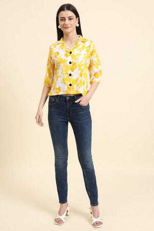 Yellow Printed Cotton Blend Tops & Tunics (ACZ8115)