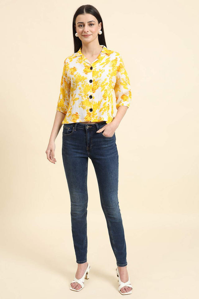 Yellow Printed Cotton Blend Tops & Tunics (ACZ8115)