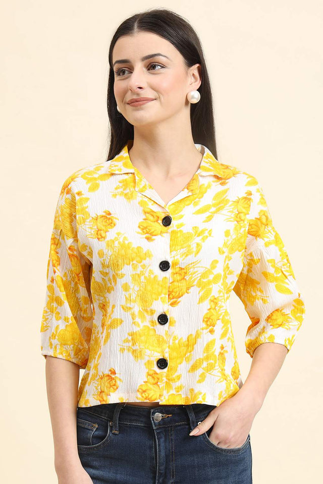 Yellow Printed Cotton Blend Tops & Tunics (ACZ8115)