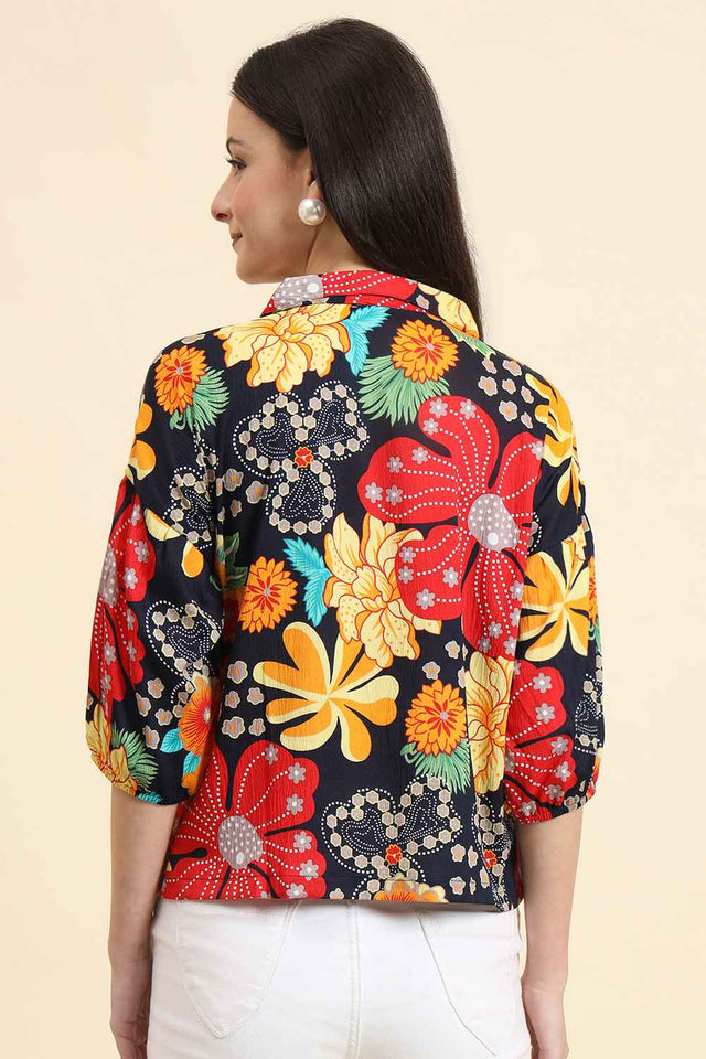 Blue Printed Cotton Blend Tops & Tunics (ACZ8116)