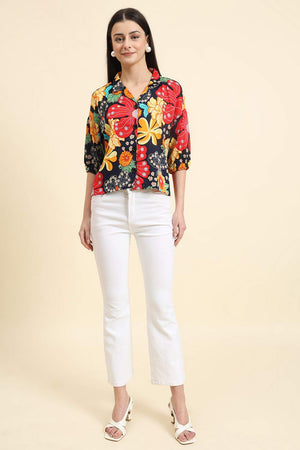 Blue Printed Cotton Blend Tops & Tunics (ACZ8116)