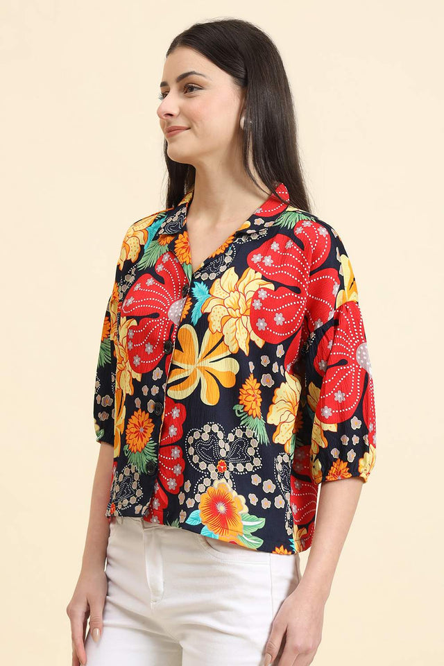 Blue Printed Cotton Blend Tops & Tunics (ACZ8116)