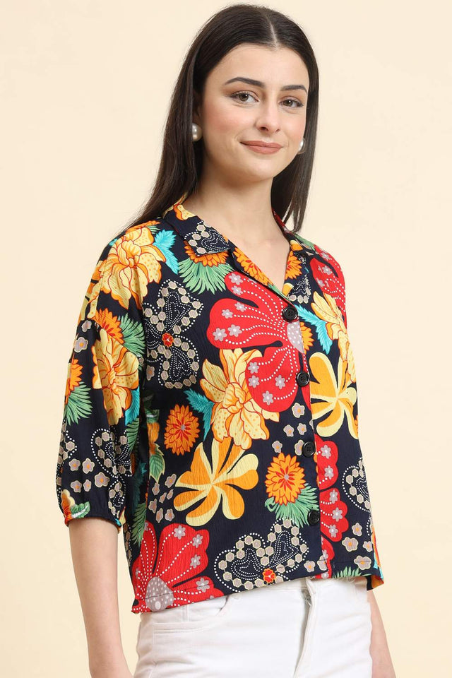 Blue Printed Cotton Blend Tops & Tunics (ACZ8116)