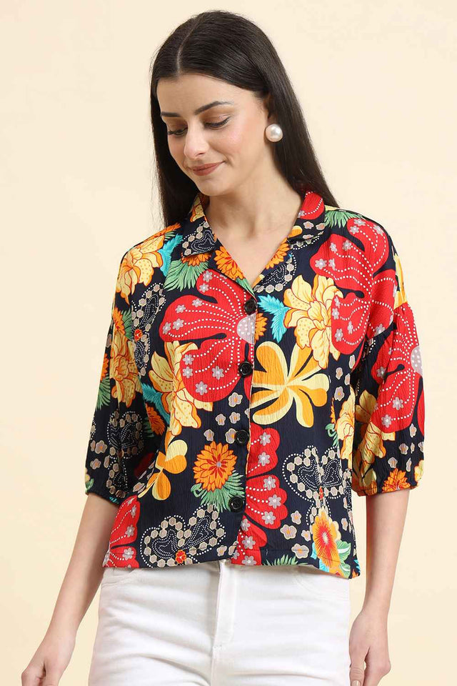 Blue Printed Cotton Blend Tops & Tunics (ACZ8116)