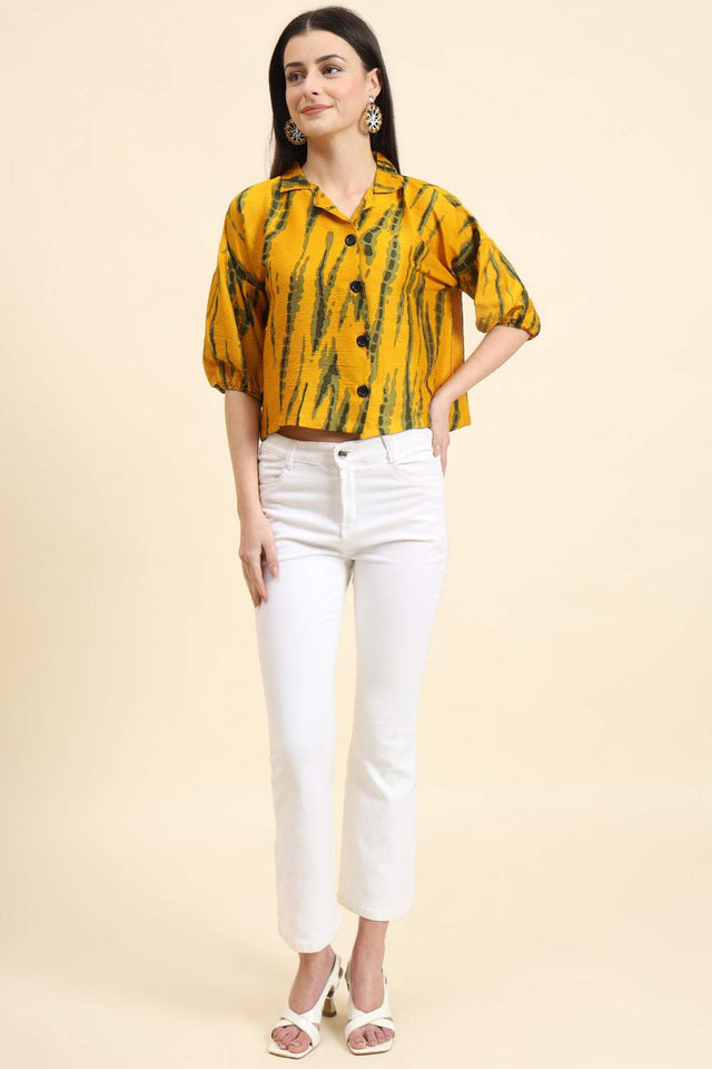 Mustard Printed Cotton Blend Tops & Tunics (ACZ8117)