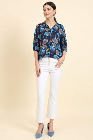 Blue Printed Cotton Blend Tops & Tunics (ACZ8118)