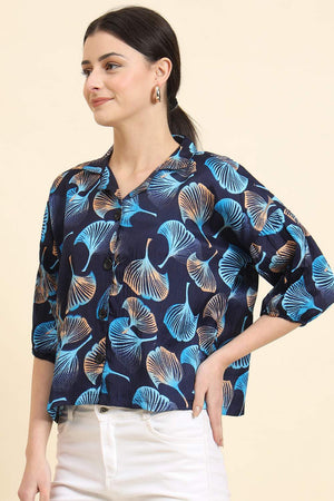 Blue Printed Cotton Blend Tops & Tunics (ACZ8118)