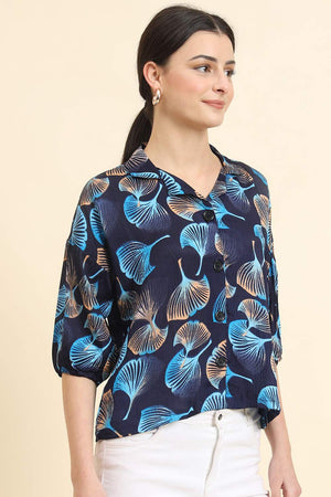 Blue Printed Cotton Blend Tops & Tunics (ACZ8118)