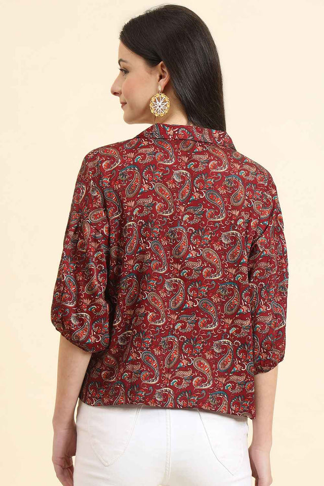 Maroon Printed Cotton Blend Tops & Tunics (ACZ8119)