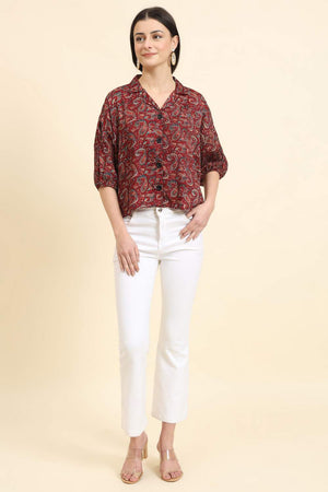 Maroon Printed Cotton Blend Tops & Tunics (ACZ8119)