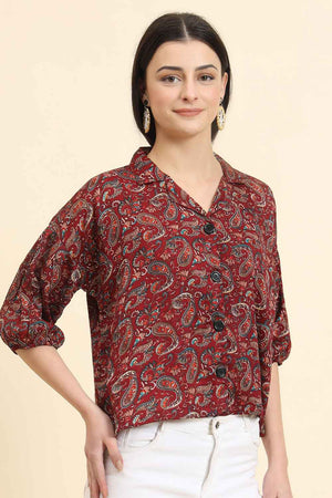 Maroon Printed Cotton Blend Tops & Tunics (ACZ8119)