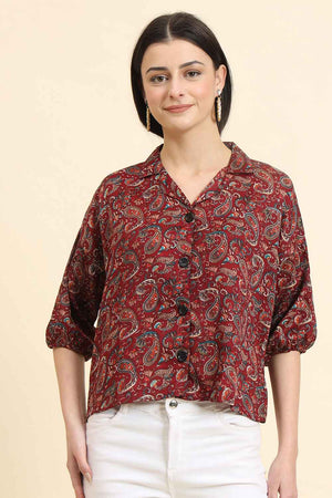 Maroon Printed Cotton Blend Tops & Tunics (ACZ8119)
