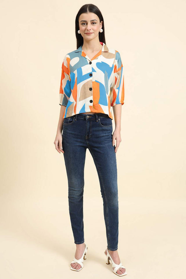 White Printed Cotton Blend Tops & Tunics (ACZ8120)