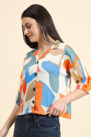 White Printed Cotton Blend Tops & Tunics (ACZ8120)