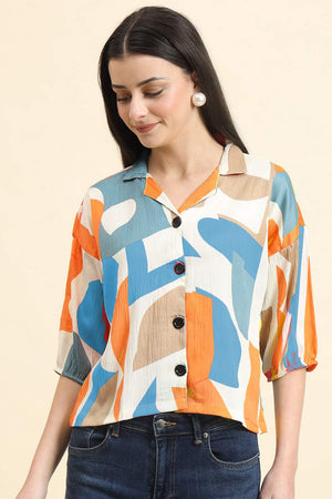 White Printed Cotton Blend Tops & Tunics (ACZ8120)