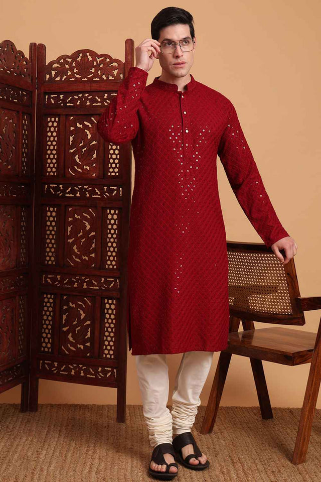 Maroon Chikankari Rayon Men's Kurta Sets